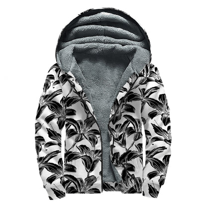 White And Black Lily Pattern Print Sherpa Lined Zip Up Hoodie