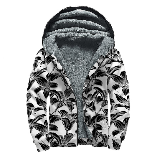 White And Black Lily Pattern Print Sherpa Lined Zip Up Hoodie