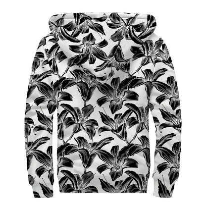 White And Black Lily Pattern Print Sherpa Lined Zip Up Hoodie