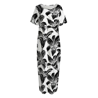 White And Black Lily Pattern Print Short Sleeve Long Nightdress