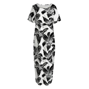 White And Black Lily Pattern Print Short Sleeve Long Nightdress