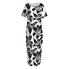 White And Black Lily Pattern Print Short Sleeve Long Nightdress