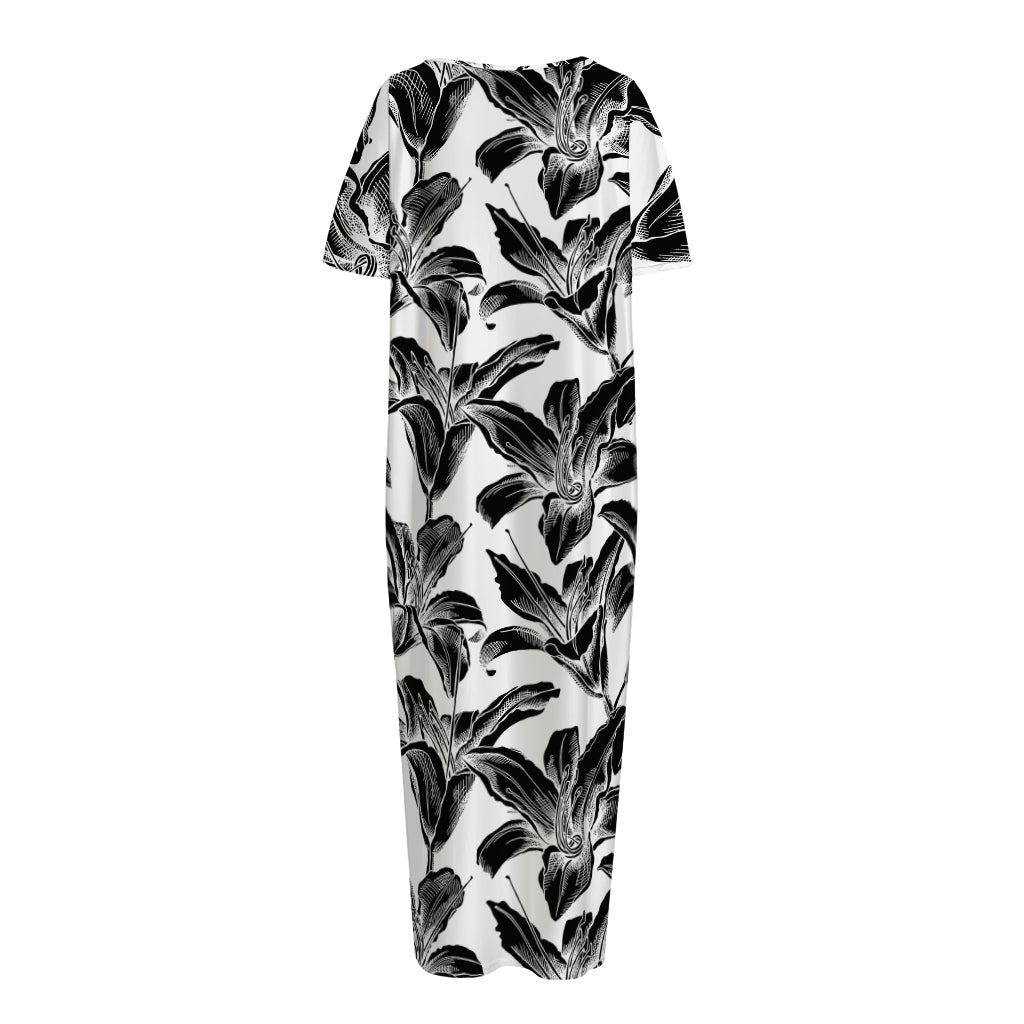 White And Black Lily Pattern Print Short Sleeve Long Nightdress