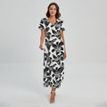 White And Black Lily Pattern Print Short Sleeve Maxi Dress