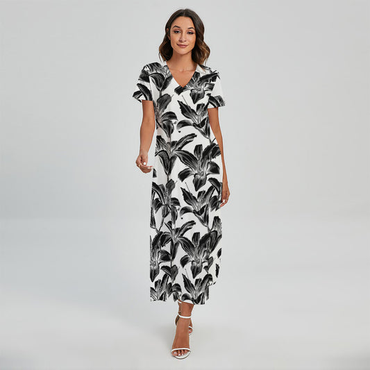 White And Black Lily Pattern Print Short Sleeve Maxi Dress