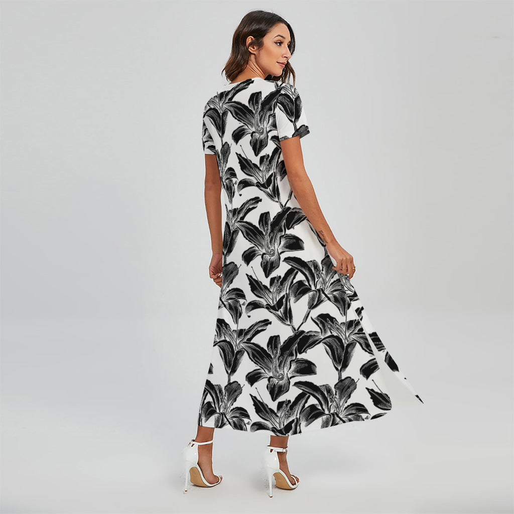 White And Black Lily Pattern Print Short Sleeve Maxi Dress
