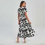 White And Black Lily Pattern Print Short Sleeve Maxi Dress
