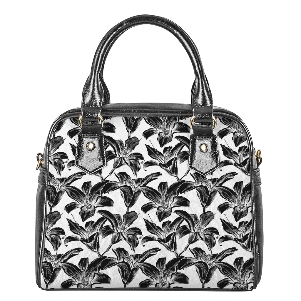White And Black Lily Pattern Print Shoulder Handbag