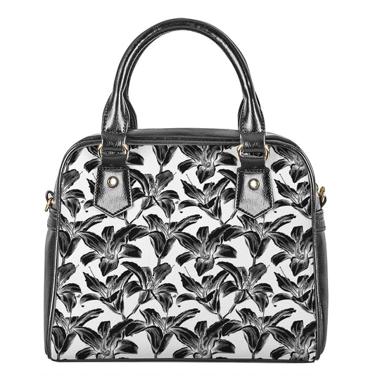 White And Black Lily Pattern Print Shoulder Handbag