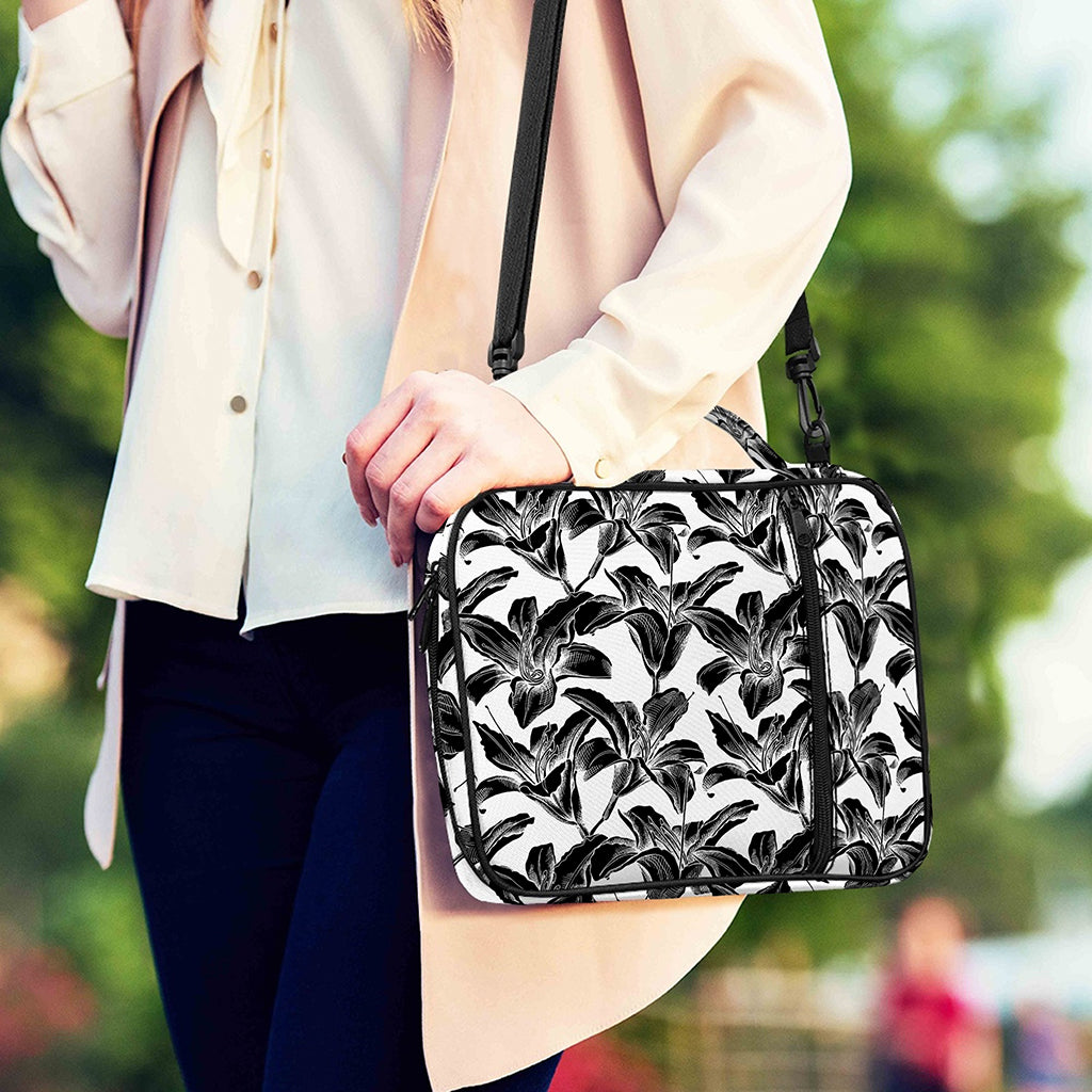 White And Black Lily Pattern Print Shoulder Strap Bible Bag