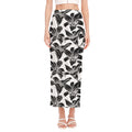 White And Black Lily Pattern Print Side Slit Maxi Skirt