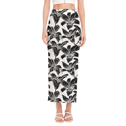 White And Black Lily Pattern Print Side Slit Maxi Skirt