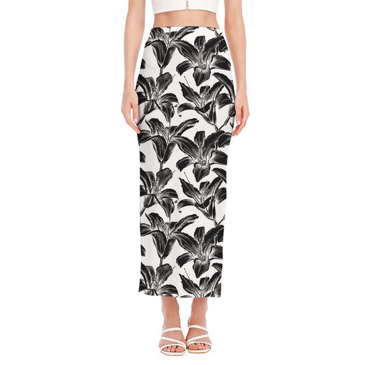 White And Black Lily Pattern Print Side Slit Maxi Skirt