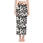 White And Black Lily Pattern Print Side Slit Maxi Skirt