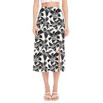 White And Black Lily Pattern Print Side Slit Midi Skirt