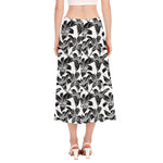 White And Black Lily Pattern Print Side Slit Midi Skirt