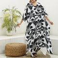 White And Black Lily Pattern Print Silk V-Neck Kaftan Dress