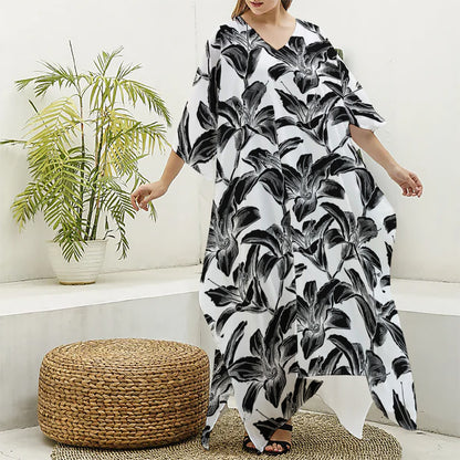 White And Black Lily Pattern Print Silk V-Neck Kaftan Dress