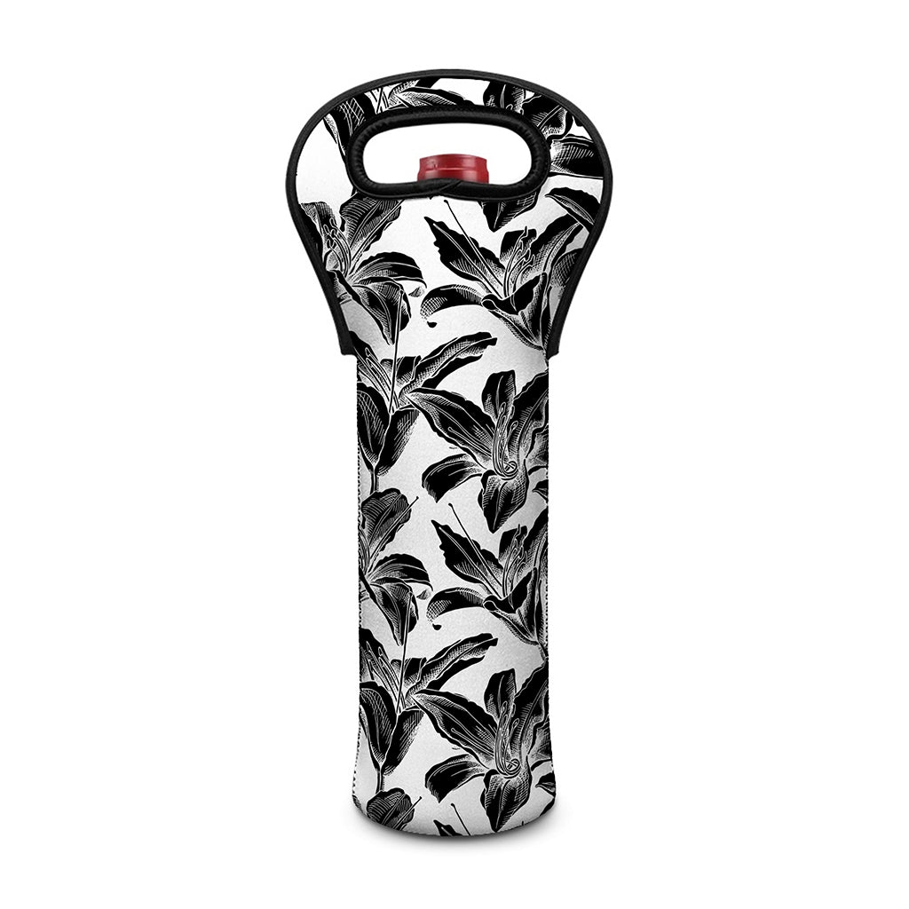 White And Black Lily Pattern Print Single Neoprene Wine Tote