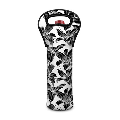 White And Black Lily Pattern Print Single Neoprene Wine Tote