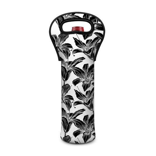 White And Black Lily Pattern Print Single Neoprene Wine Tote