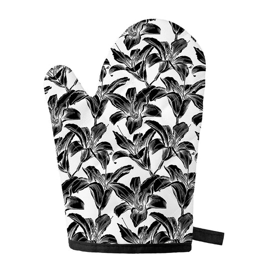 White And Black Lily Pattern Print Single Oven Mitt