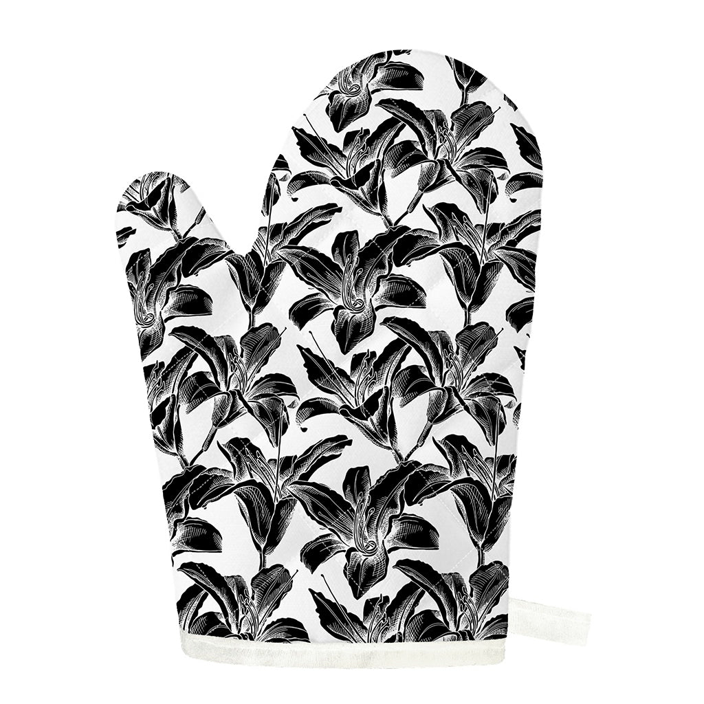 White And Black Lily Pattern Print Single Oven Mitt