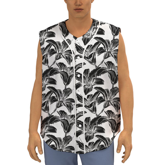 White And Black Lily Pattern Print Sleeveless Baseball Jersey