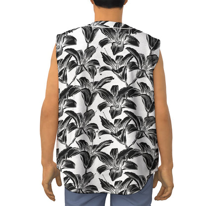 White And Black Lily Pattern Print Sleeveless Baseball Jersey
