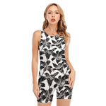 White And Black Lily Pattern Print Sleeveless One Piece Swimsuit