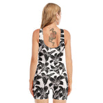White And Black Lily Pattern Print Sleeveless One Piece Swimsuit