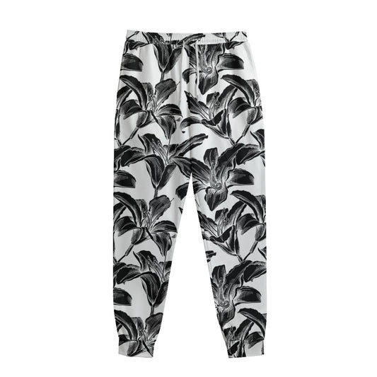 White And Black Lily Pattern Print Sweatpants