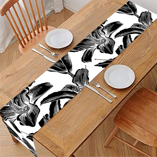 White And Black Lily Pattern Print Table Runner