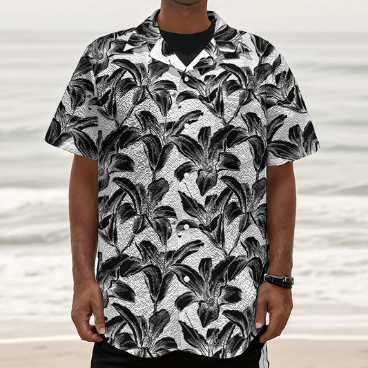 White And Black Lily Pattern Print Textured Short Sleeve Shirt