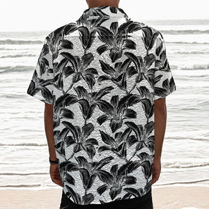 White And Black Lily Pattern Print Textured Short Sleeve Shirt