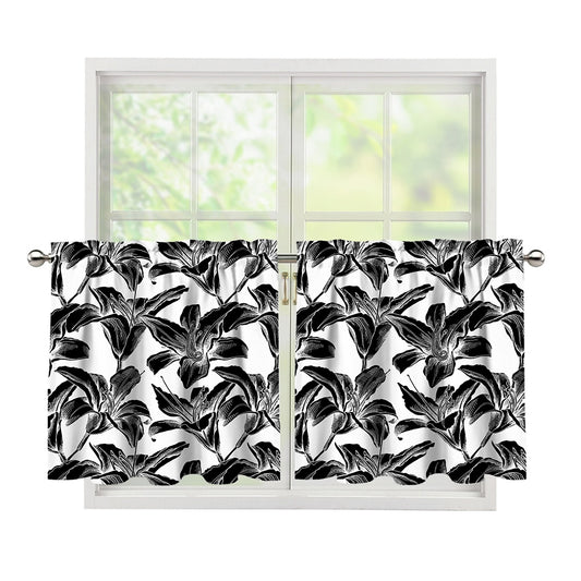 White And Black Lily Pattern Print Tier Curtains