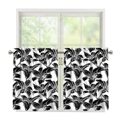 White And Black Lily Pattern Print Tier Curtains