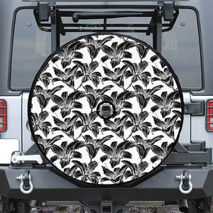 White And Black Lily Pattern Print Tire Cover With Camera Hole