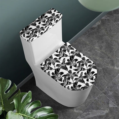 White And Black Lily Pattern Print Toilet Lid And Tank Cover Set