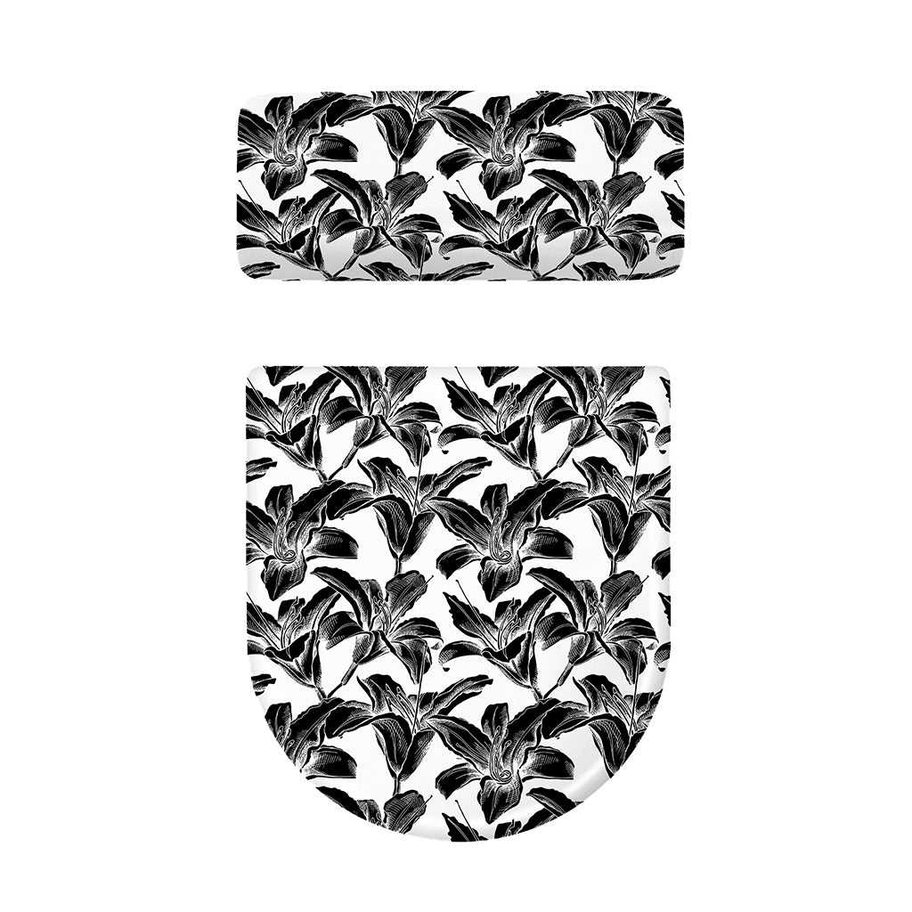 White And Black Lily Pattern Print Toilet Lid And Tank Cover Set