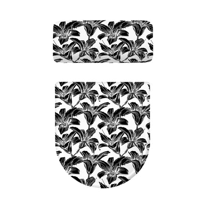 White And Black Lily Pattern Print Toilet Lid And Tank Cover Set