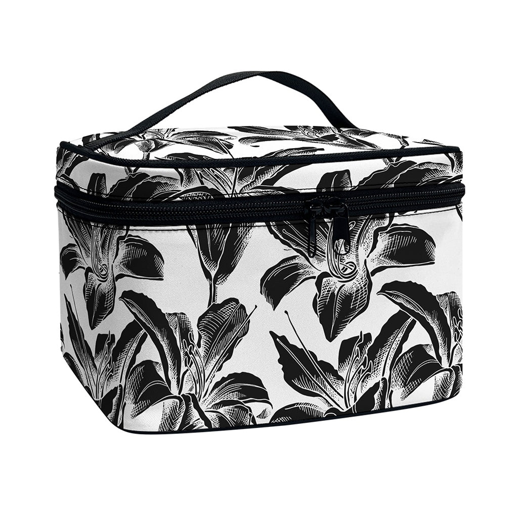 White And Black Lily Pattern Print Travel Makeup Bag