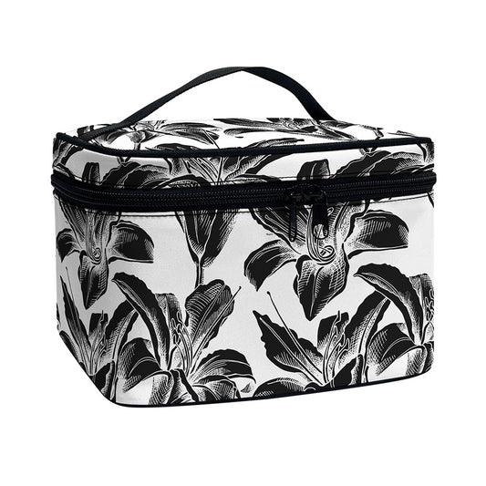 White And Black Lily Pattern Print Travel Makeup Bag