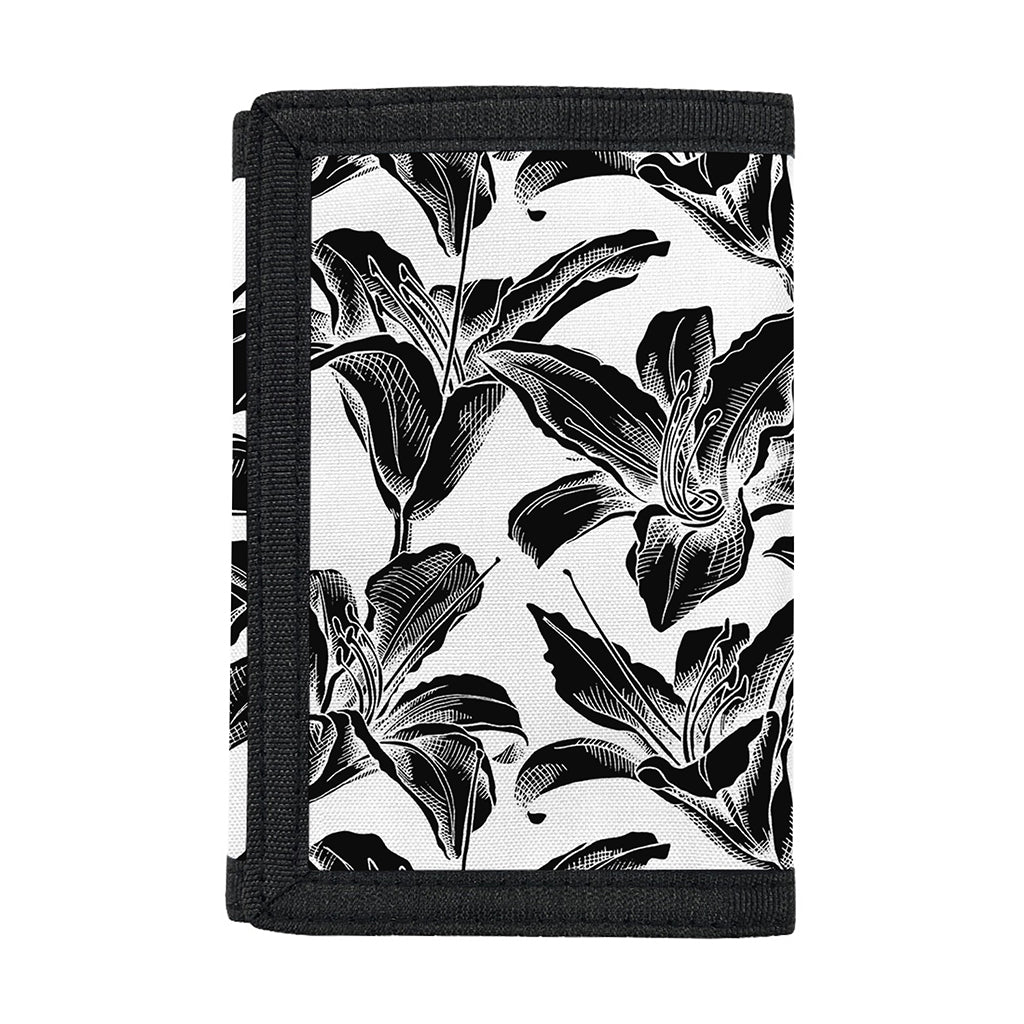 White And Black Lily Pattern Print Trifold Wallet