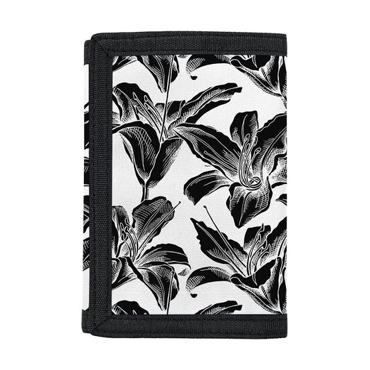 White And Black Lily Pattern Print Trifold Wallet