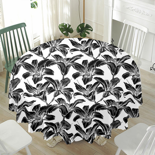 White And Black Lily Pattern Print Waterproof Round Tablecloth