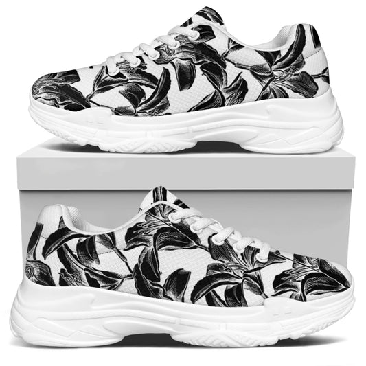 White And Black Lily Pattern Print White Chunky Shoes