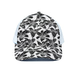 White And Black Lily Pattern Print White Mesh Trucker Cap
