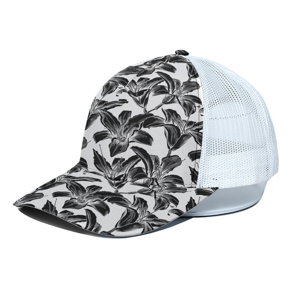 White And Black Lily Pattern Print White Mesh Trucker Cap
