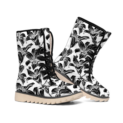 White And Black Lily Pattern Print Winter Boots